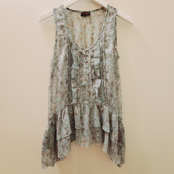 Vintage Miss Selfridges floral sheer tank tops with ruffles, size small - Picture 2 of 8